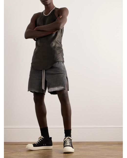 Shorts a gamba larga in denim stretch effetto consumato e scolorito con coulisse di Rick Owens in Gray da Uomo