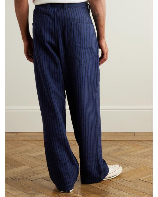 Kardo Blue Yuki Wide-Leg Pleated Striped Cotton Suit Trousers for men