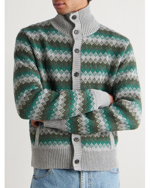 Auralee Green Jacquard-Knit Cashmere And Wool-Blend Cardigan for men