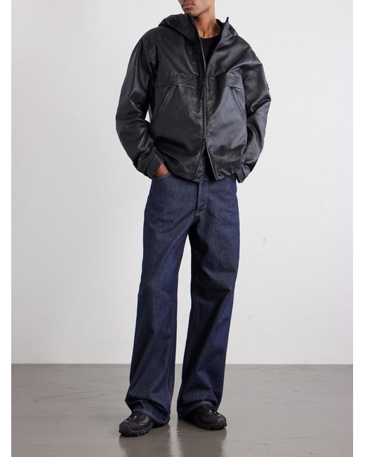 Stone Island Black Logo-Appliquéd Leather Hooded Jacket for men