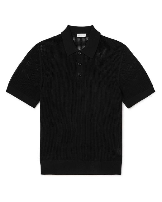 Dries Van Noten Black Pointelle-knit Polo Shirt for men
