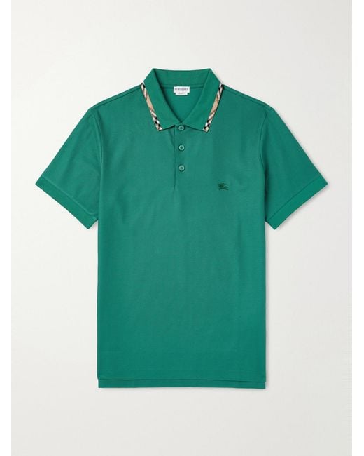 Burberry Green Logo-Embroidered Checked Cotton-Piqué Polo Shirt for men