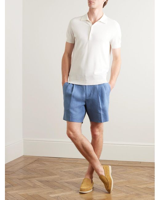 Loro Piana Blue Straight-Leg Pleated Linen Bermuda Shorts for men