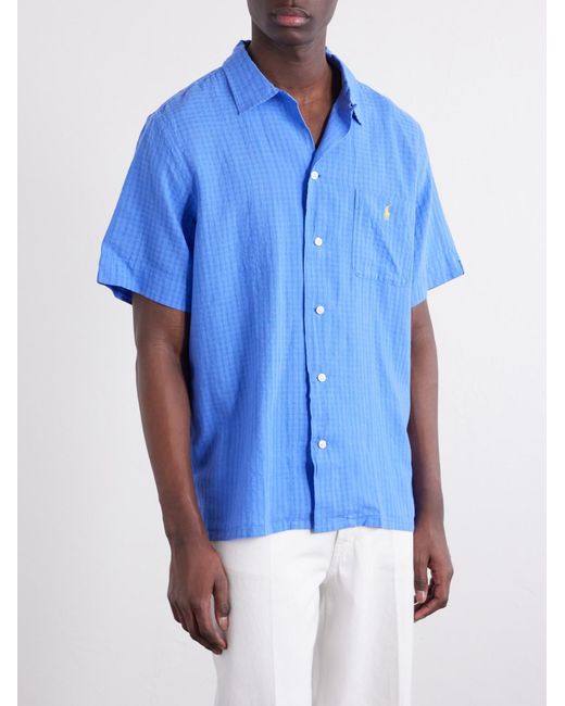 Polo Ralph Lauren Blue Logo-Embroidered Checked Linen And Cotton-Blend Shirt for men