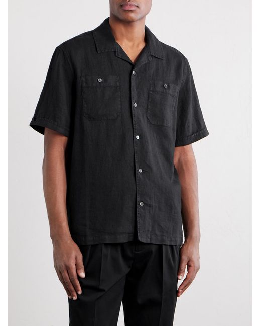 Mr P. Black Convertible-Collar Garment-Dyed Linen Shirt for men