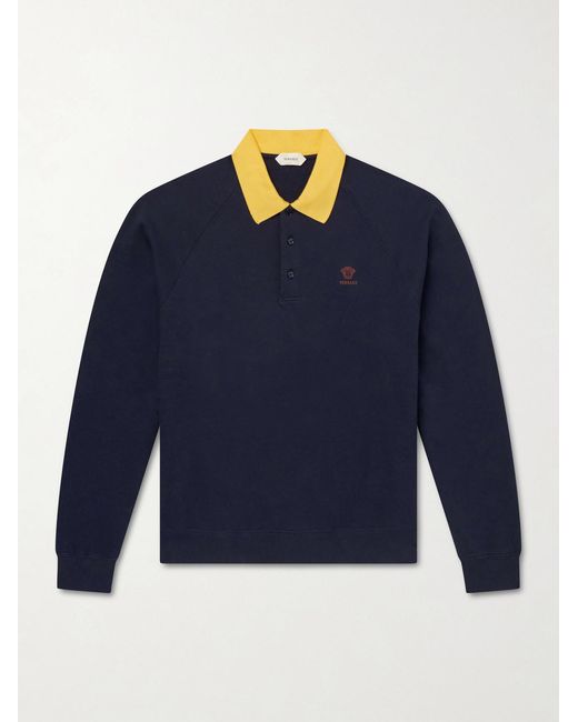 Versace Blue Logo-Embroidered Cotton-Jersey Polo Sweatshirt for men