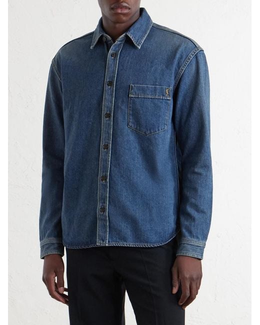 Saint Laurent Blue Logo-Embroidered Denim Shirt for men