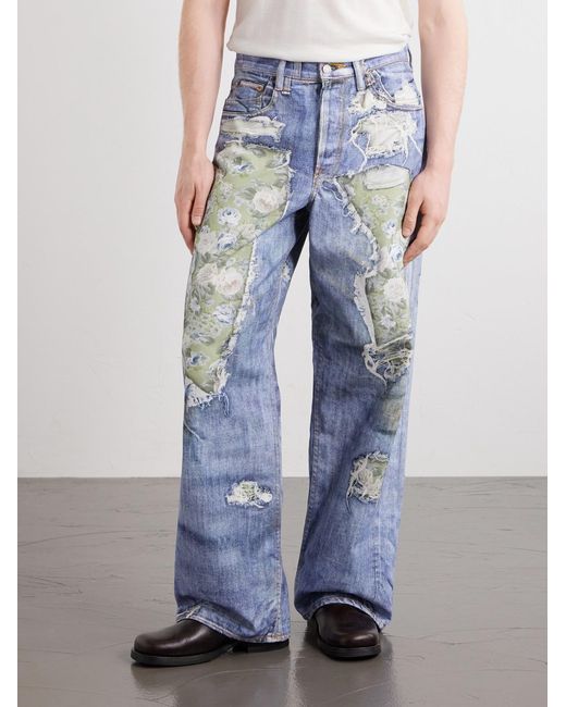 Acne Blue Wide-Leg And Rose-Printed Cotton Jeans for men