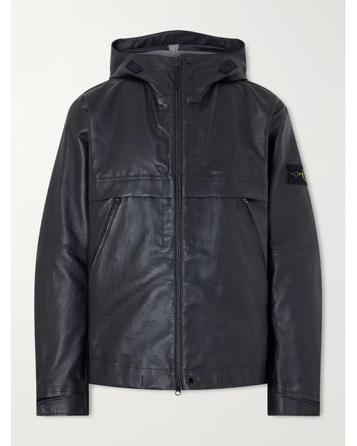 Stone Island Black Logo-Appliquéd Leather Hooded Jacket for men