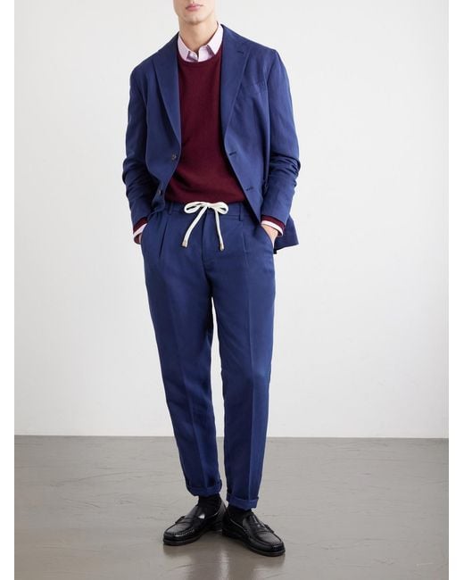Eleventy Blue Straight-Leg Lyocell And Linen-Blend Trousers for men