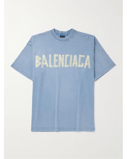 Balenciaga Blue Oversized Distressed Logo-print Cotton-jersey T-shirt for men