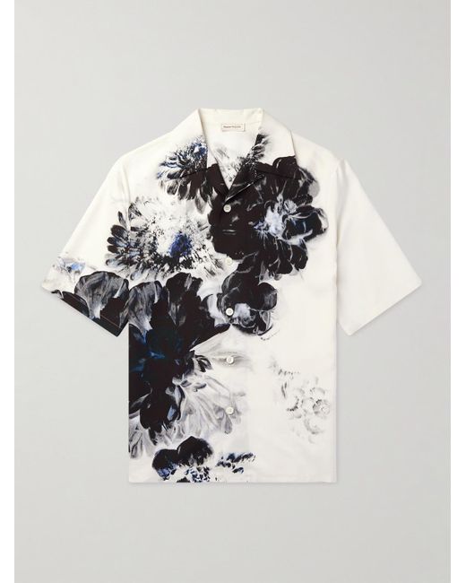 Camicia in seta floreale con colletto convertibile di Alexander McQueen in White da Uomo