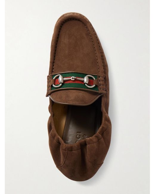 Gucci Brown Horsebit-Embellished Webbing-Trimmed Suede Loafers for men