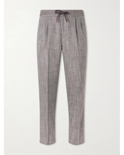Brunello Cucinelli Gray Straight-Leg Pleated Herringbone Trousers for men