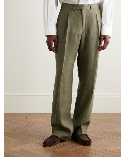 Saman Amel Green Straight-Leg Pleated Linen Suit Trousers for men