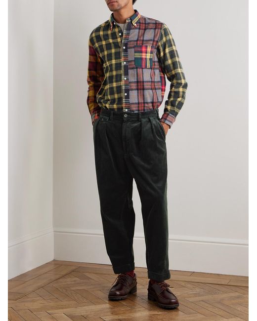Beams Plus Black Cropped Pleated Cotton-Corduroy Trousers for men