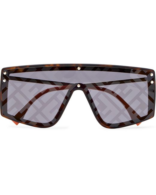 Fendi Black Shield-frame Logo-print Tortoiseshell Acetate And Gold-tone Sunglasses for men