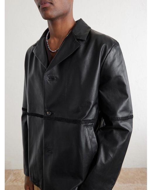 Kartik Research Black Embroidered Leather Jacket for men