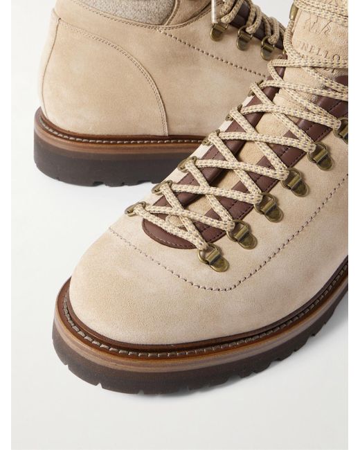 Brunello Cucinelli Natural Flannel And Full-Grain Leather-Trimmed Suede Boots for men