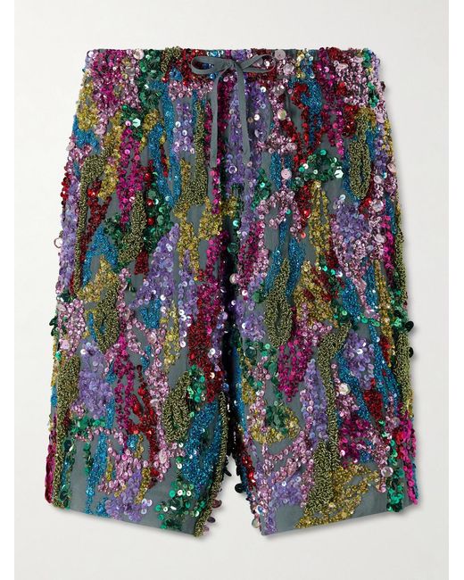 Dries Van Noten Blue Straight-leg Sequined Crepe De Chine Shorts for men