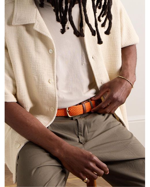 Anderson & Sheppard Orange 3.5cm Leather-trimmed Woven Elastic Belt for men