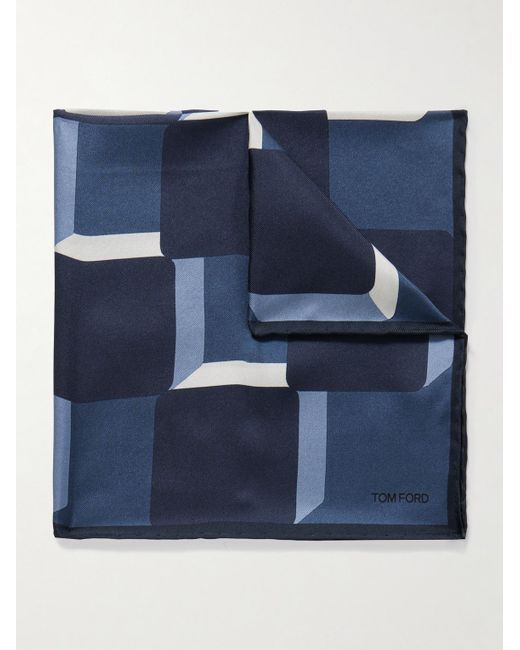 Tom Ford Blue Printed Silk-Twill Pocket Square for men