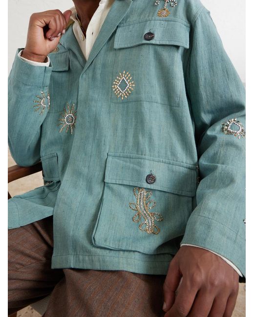 Kartik Research Blue Safari Embroidered Cotton Jacket for men