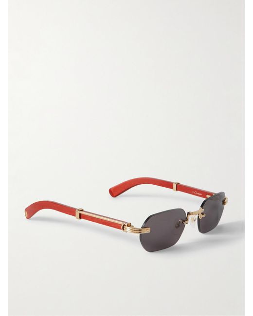 Cartier Rahmenlose Sonnenbrille mit Holzbügeln und goldfarbenen Details in Red für Herren