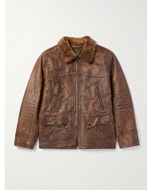 RRL Thurston Lederjacke mit Shearling-Besatz in Distressed-Optik in Brown für Herren