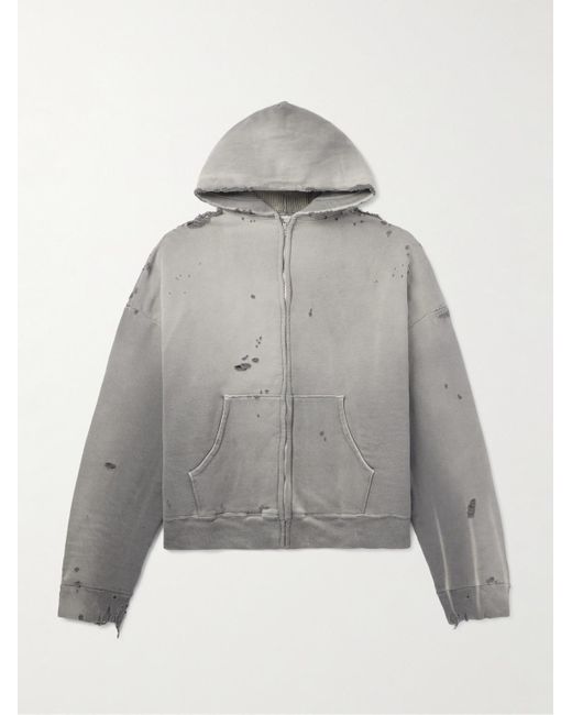 SAINT Mxxxxxx Distressed Cotton-Jersey Zip-Up Hoodie in Grey for