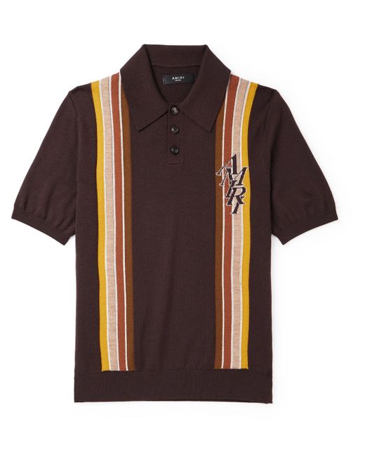 Amiri Brown Striped Wool And Cotton-blend Polo Shirt for men