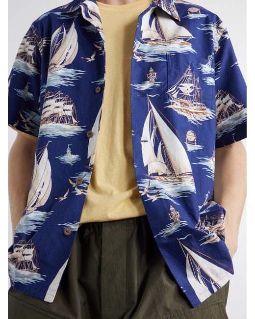 Polo Ralph Lauren Blue Convertible-Collar Printed Cotton-Poplin Shirt for men