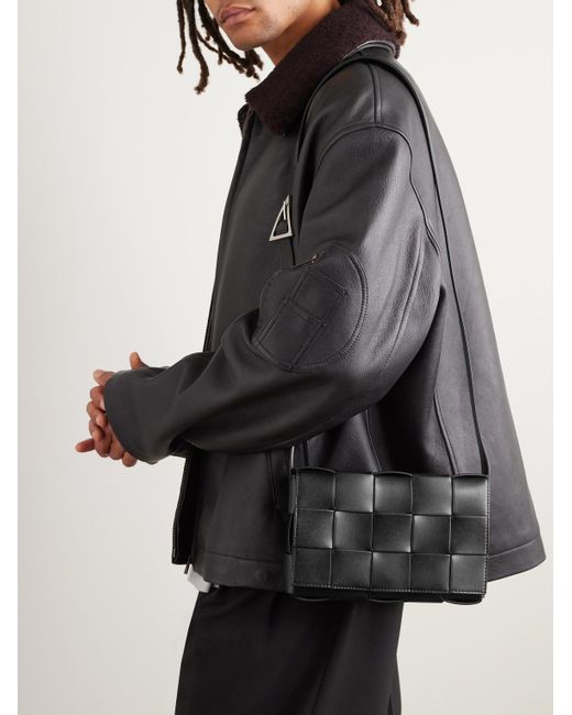 Bottega Veneta Black Cassette Intrecciato Leather Messenger Bag for men