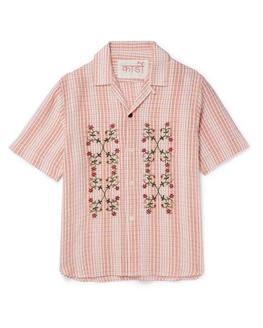Kardo Pink Craft Ronen Convertible-collar Embroidered Gingham Cotton Shirt for men