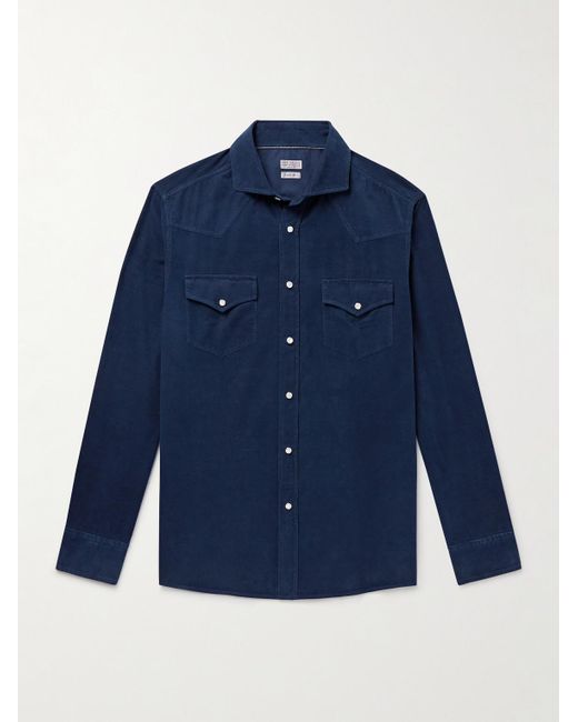 Brunello Cucinelli Herren Western-Hemd aus Baumwollcord mit Cutaway-Kragen in blau
