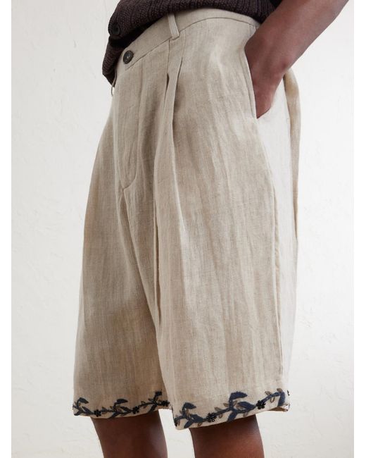 Kartik Research White Straight-leg Pleated Embroidered Linen Shorts for men