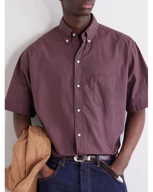 Beams Plus Purple Button-Down Collar Checked Cotton Shirt for men