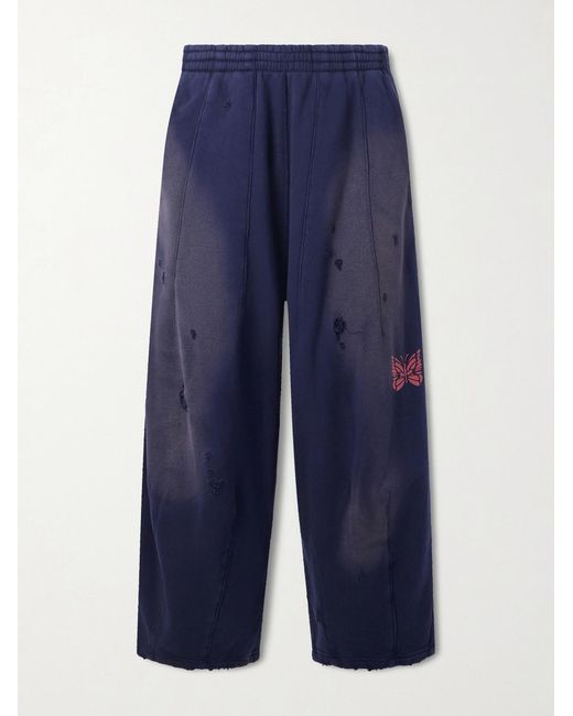 Needles Blue Deconstructed Hd Wide-Leg Distressed Cotton-Jersey Sweatpants for men