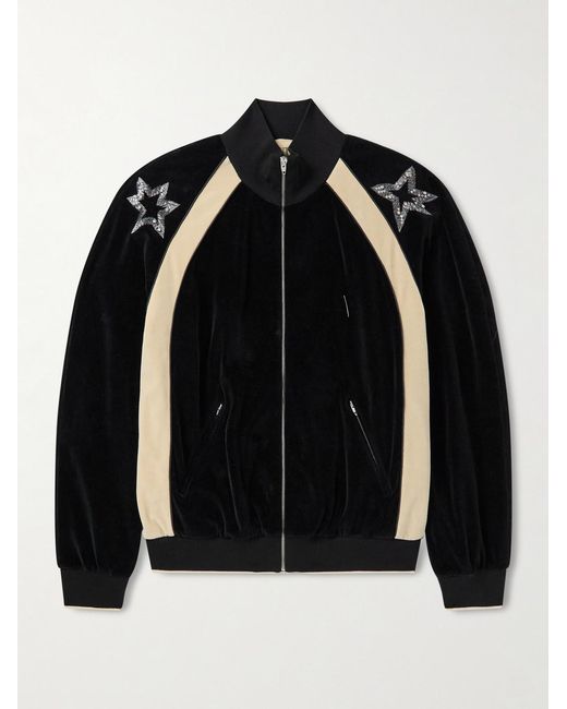 Valentino Garavani Black Beaded Crystal-Embellished Cotton-Blend Velour Track Jacket for men