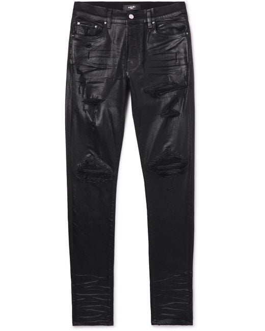 Amiri Mx1 Skinnyfit Distressed Leatherpanelled Coated Jeans in Gray