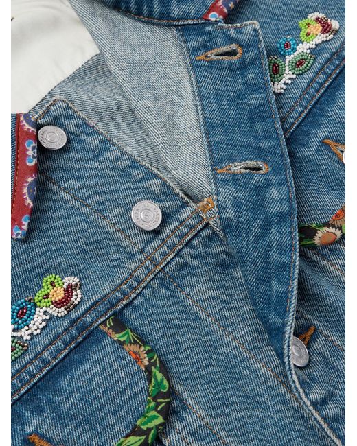 Valentino Garavani Blue Bead-Embellished Floral-Trimmed Denim Jacket for men
