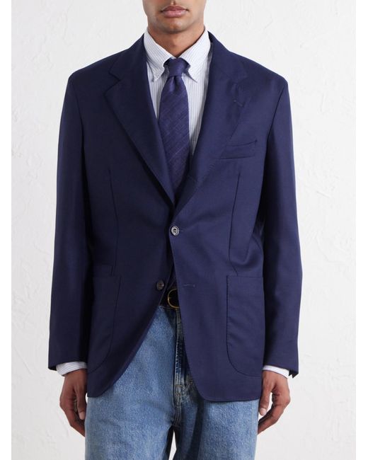 Drake's Blue Virgin Wool Canvas Blazer for men