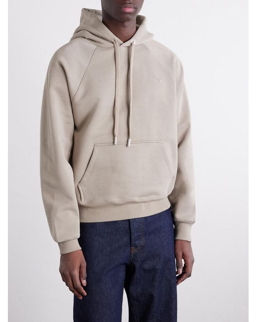 AMI Natural Logo-embossed Stretch-cotton Jersey Hoodie for men