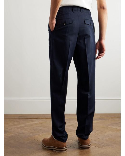 Brunello Cucinelli Blue Tapered Pleated Pinstriped Wool And Cotton-blend Trousers for men