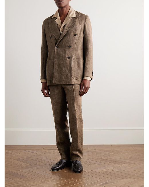 Rubinacci Brown Unstructured Double-Breasted Linen Suit Jacket for men