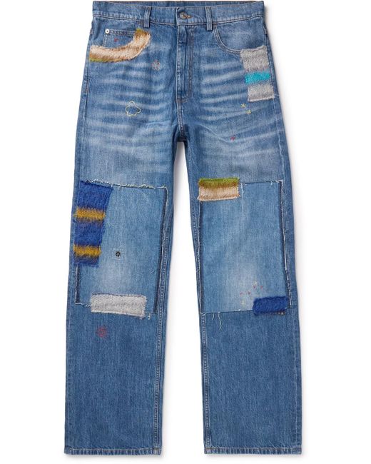 Marni Blue Straight-leg Embroidered Mohair-blend Trimmed Patchwork Jeans for men