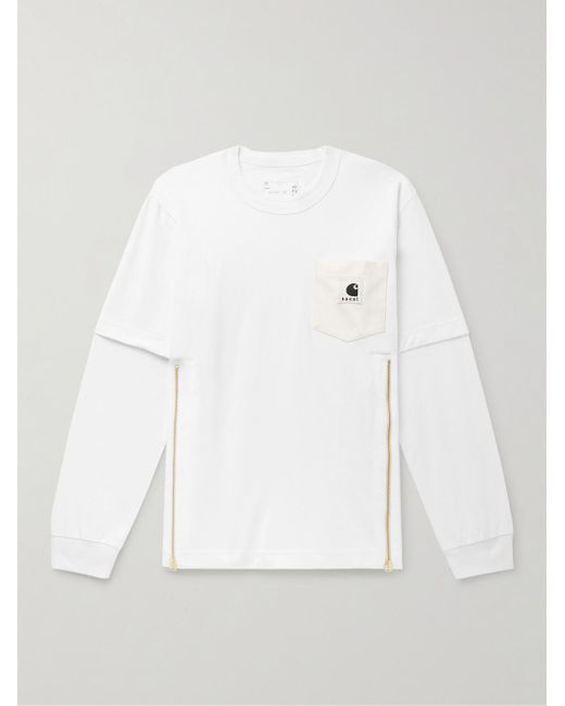 Sacai Gray Carhartt Wip Layered Logo-appliquéd Canvas-trimmed Cotton-jersey T-shirt for men