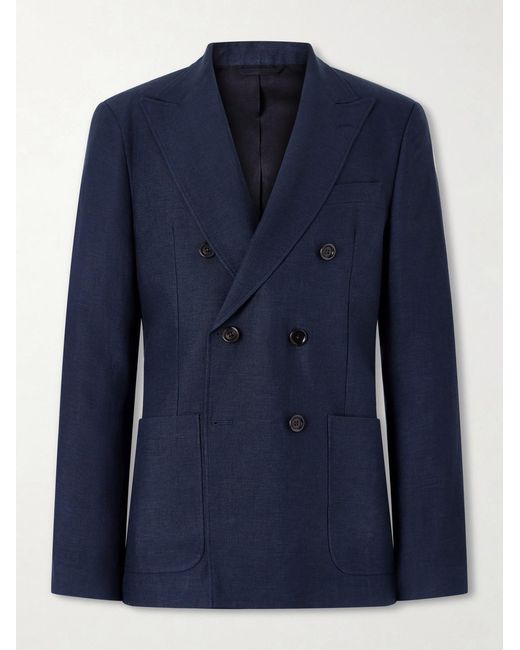 Oliver Spencer Blue Double-Breasted Linen, Virgin Wool And Cotton-Blend Suit Jacket for men