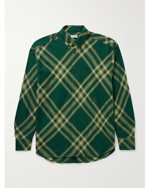 Camicia oversize in flanella di lana a quadri con collo button-down di Burberry in Green da Uomo