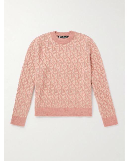 Palm Angels Pink Monogrammed Textured Jacquard-knit Sweater for men
